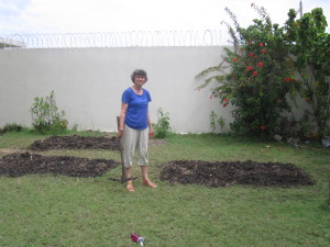 Amanda in front of the finished garden