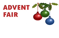 Advent Fair logo with holly and red, green, and blue Christmas baubles.