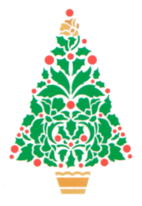 Stylized Christmas tree with green leaves and red balls.